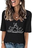 Half Sleeve V Neck Shirts for Women Cute Bunny Graphic Spring Casual T-Shirts Easter Tops Festival Party Tee(A-Black,XX-Large)