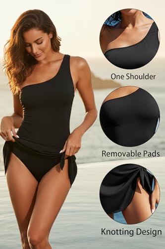 Model wearing Tempt Me One-shoulder swim dress.