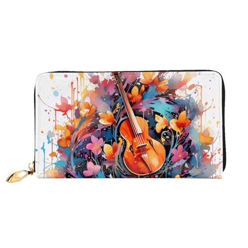 Leather Women Wallets, Long Credit Card Holder, Colorful Note Guitar Print Billfold Clutch & Travel Purse Large Capacity