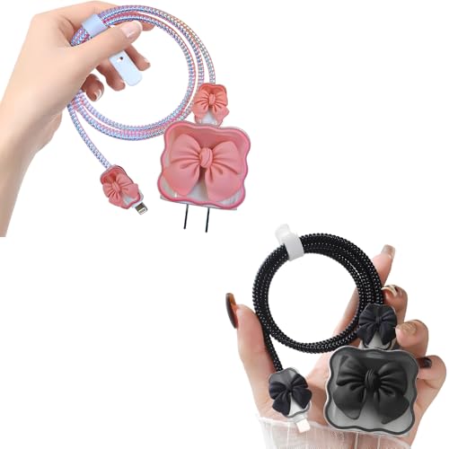 Image of skysia Bow Charger Protector for 18W 20W iPhone Chargers - Silicone Cable Saver Sleeve | Protective Cute 3D Cartoon Cover | USB Adapter Guard & Wire| Wrap Charging Cord Gadgets (Combo) (Blk&PnkBow)