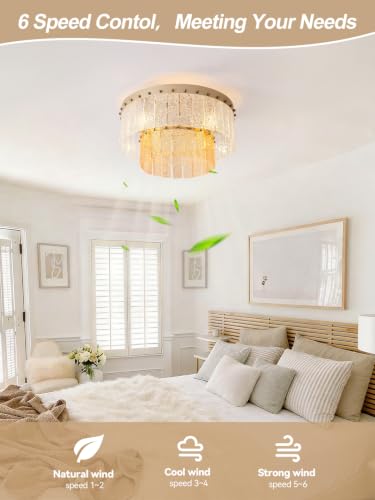 Image of 20 inch Gold Fandelier Ceiling Fan with Light,Gold Crystal Flush Mount Ceiling Fans with Lights and Remote Control,Mid-Century Modern Caged with 6 Speeds for Living Room Bedroom Nursery