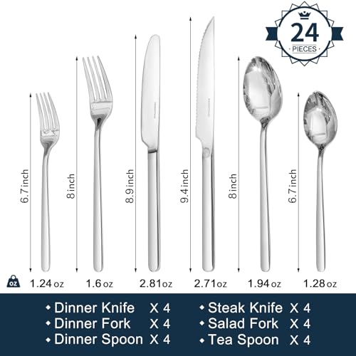 KINGSTONE 24-Piece Silverware Set with Steak Knives, Flatware Set for 4, Stainless Steel Tableware Cutlery Set for Home Restaurant, Mirror Finish,Modern Design - Thumbnail 2