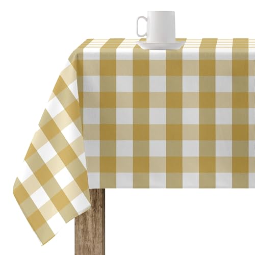 BL BELUM Mustard Checkered Tablecloth, 200x140 cm, 100% Cotton, Stain Resistant, Resinated, Vichy Squares, 8 Seater
