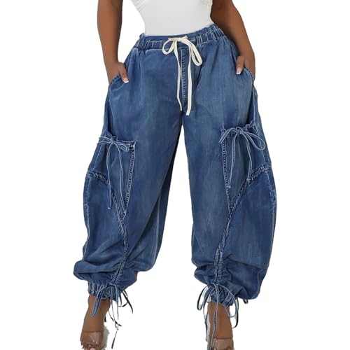 Mandonce Baggy Jeans for Women Cargo Wide Leg Jeans Drawstring Denim Hippie Pants Loose Fit Jeans for Women Trendy
