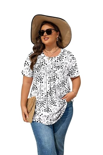 Womens Plus Size Tops Tunic Short Sleeve Round Neck Shirts Pleated Dressy Casual Soft Blouse 1X-5X2