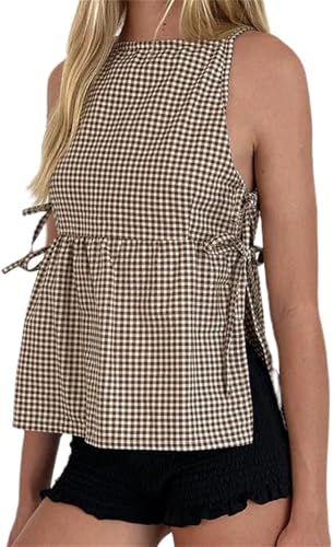 Women Tie Side Tank Top Sleeveless Split Peplum Coquette Shirt Plaid Trendy Going Out Summer Tops Y2k Streetwear
