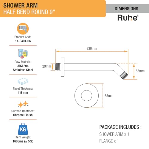 Image of Ruhe 9 Inches Half Bend Round Shower Arm with Wall Flange, 304-Grade Stainless Steel, Shower Arm for Overhead Showers