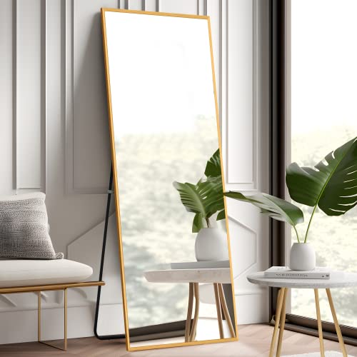 Image of NeuType 55 inchx16 inch Full Length Mirror with Standing Holder Aluminum Alloy Frame Floor Mirror Wall-Mounted Mirror for Living Room, Bedroom, Hanging or Leaning Against Wall, Golden (with Stand)