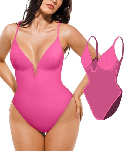 Image of Popilush Tummy Control Swimsuits for Women Shapewear One Piece Underwire Swimsuit Deep V Neck Bathing Suits Summer Beach Pool Vacation Pink
