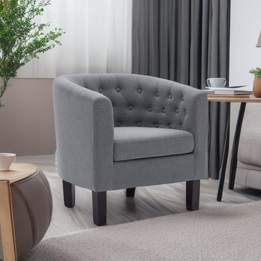 Image of BELLEZE Accent Barrel Arm Chair, Modern Comfy Upholstered Tufted Club Chair with Sturdy Legs and Linen Fabric for Bedroom Living Room - Gray