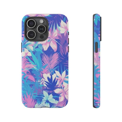 Coque iPhone 15 Pro Max violet et cyan motif floral tropical pour vos voyages et soirées