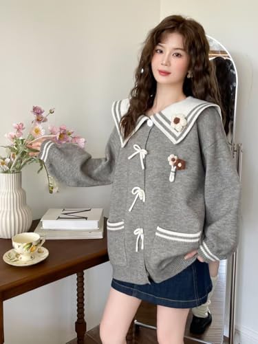 Preppy Style Sailor Collar Hoodie Sweater Casual Stylish Button Top Spring Autumn Loose Pockets Sweatshirt for Women3