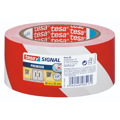 tesa Signal Markierungsklebeband PREMIUM - selbstklebendes Warnband zur permanenten Markierung und Kennzeichnung von Gefahrenzonen - aus robustem PVC - 66 m x 50 mm - Rot/Weiß