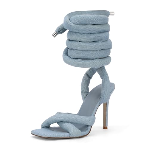 Image of LingxiaUne Blue Lace Up Sandals for Women Elegant Strappy Heels with Open Square Toe Sexy Tie Up Stiletto Heel Sandal for Party Dancing Wedding Size 11