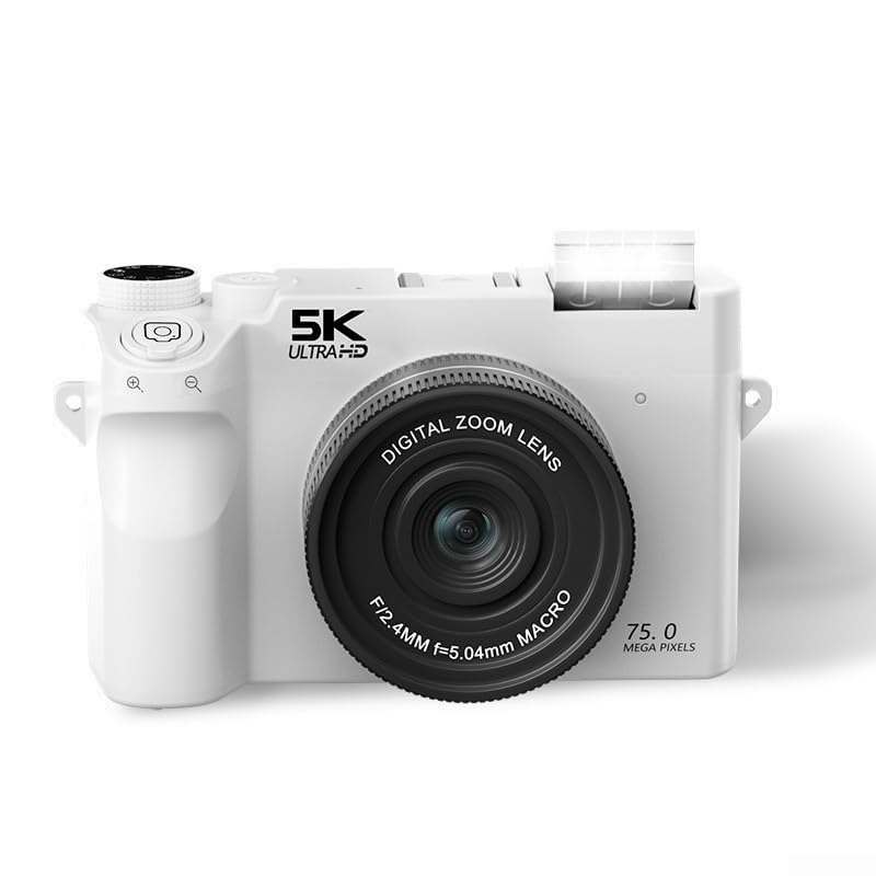 Cámara digital 5K HD con sistema de doble lente, zoom digital de 18x y WiFi, para Windows para Mac, 75 MP, para viajes y streaming (blanco)