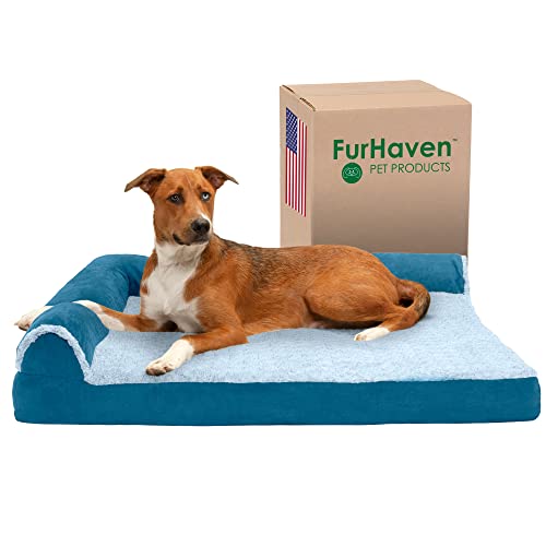 Image of Furhaven Cooling Gel Dog Bed for Large Dogs w / Removable Bolsters & Washable Cover, For Dogs Up to 95 lbs - Two-Tone Plush Faux Fur & Suede L Shaped Chaise - Marine Blue, Jumbo /XL
