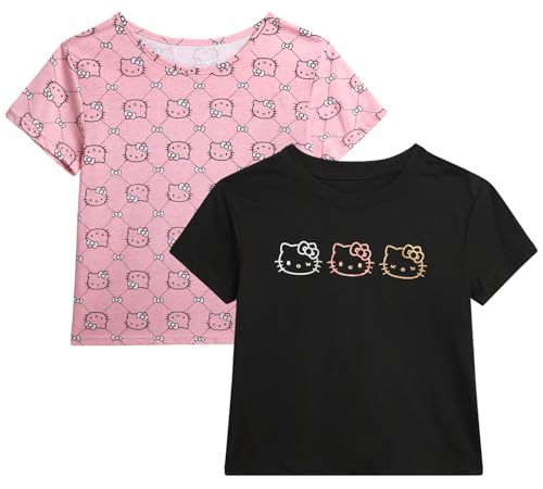 Image of Hello Kitty Girls Shirts - 2 Pack Cotton Blend Short Sleeve Tops - Crewneck Cute Graphic Girls Tee Shirt Pack