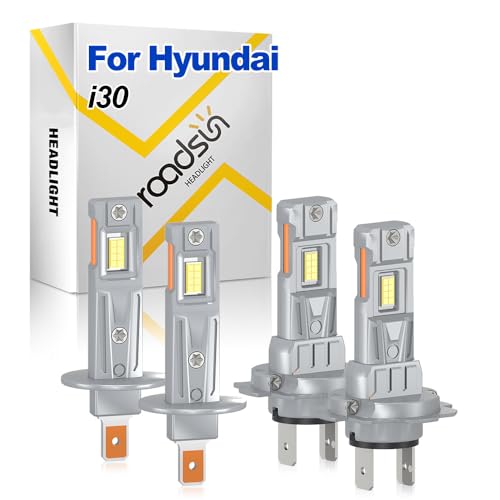 ROADSUN Bombillas LED Para Faros Delanteros, 20000LM, 6000K Blanca, H1 Luz De Carretera, H7 Luz De Cruce, Mejores faros LED, 8 veces más brillante que halógenos, For Hyundai i30 2007-2012