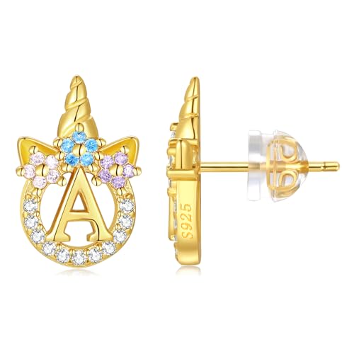 Unicorn Sterling Silver Initial Earrings for Girls Women - Hypoallergenic 14K Gold/White Gold/Rose Gold Plated Letter Earrings for Little Girls Kids - Unicorn Gifts