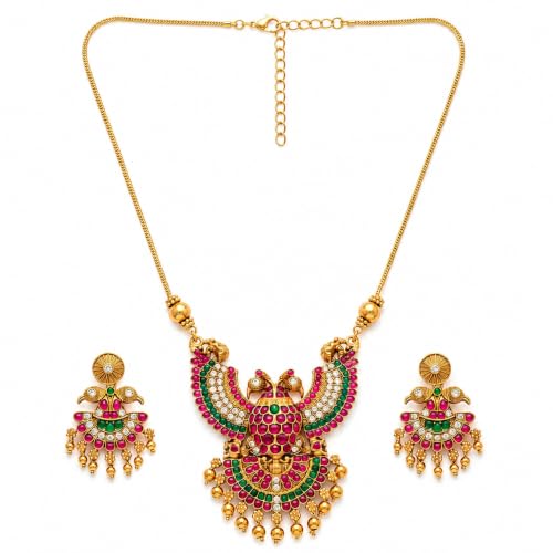 Image of Traditional Gold-Plated Lakshmi Temple Pendant Necklace Set for Women | Antique South Indian Jewelry with Jhumka Earrings | Ethnic Bridal, Wedding & Festive Jewelry Set
