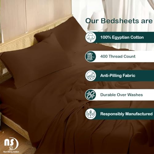 Image of NON Sticky cotton Premium 4 Piece Egyptian Cotton Fitted Queen Sheet Set, Hotel Quality Soft Breathable Bedding Sheets, 15 inch Deep Pocket, 60 inch X 80 inch, Chocolate Solid
