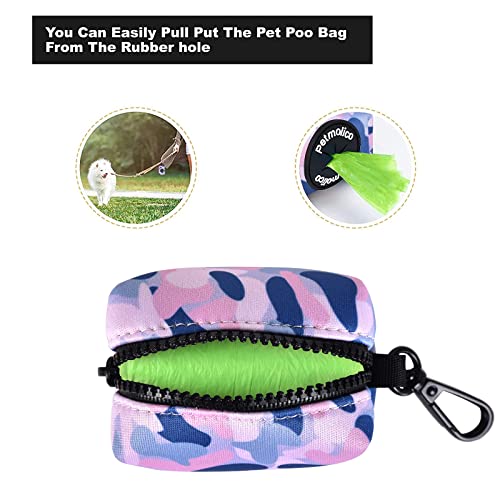 Image of Petmolico Dog Poop Bag Holder Leash Attachment, Waste Bag Dispenser Zippered Pouch, Fits Any Leash, Includes Free Roll of Bags, 2 Pack - Blue Pink Camouflage