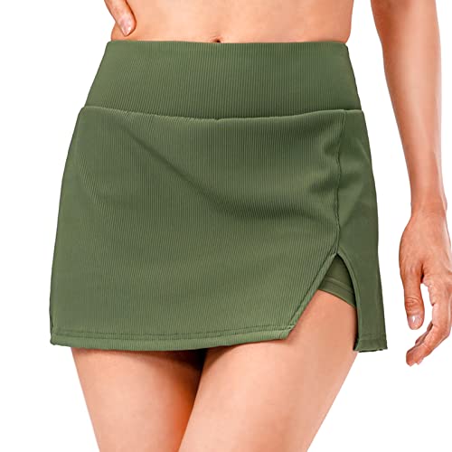 Saias de tênis femininas de cintura alta com bolsos internos para tênis ioga golfe(L)(Exército verde