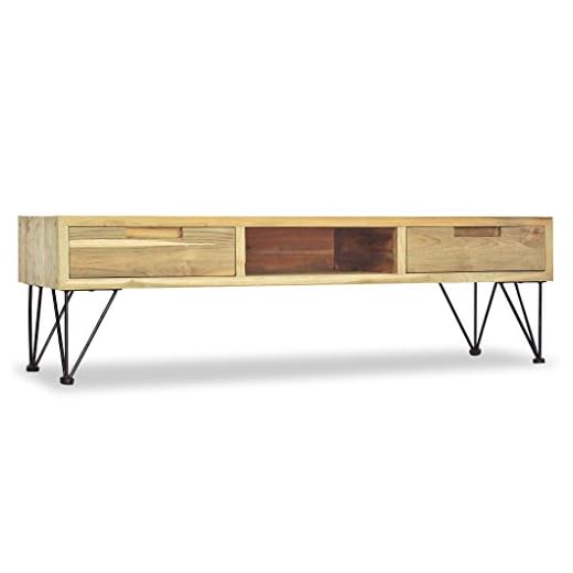Susany TV-skåp med 2 lådor och 1 öppet fack TV-skåp TV-bord teak massiv 120 x 35 x 35 cm