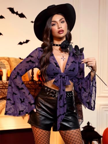 Image of For G and PL Women Tie Front Bell Sleeve Rave Crop Tops Floral Print Hippie Mesh Sheer Shirt