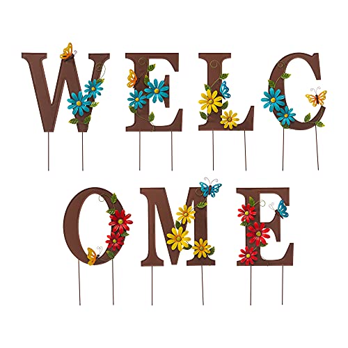 Glitzhome 7 Set Metal Welcome Garden Stakes, 25 “H Lettering Welcome With Flower Yard Stake Decor Hanging Wall Decor Indoor Outdoor Patio Lawn And Garden Sign #TOP1
