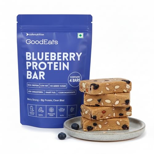 Image of GoodEats Blueberry Protein Bar | Protein Blend (Soya Isolate + Whey Concentrate) | 23.1g Protein (Per 65g) | Naturally Occuring Sugars, Maximum Impact | Dates + Nuts | With Prebiotic Fiber | 65g x 4