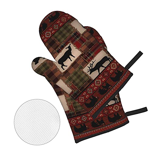 Oven Mitts And Pot Holders Set Retro Rustic Lodge Bear Deer Moose Heat Resistant Kitchen Microwave Gloves And Hot Pads Potholders With Cotton Liner Grip Cooking Mitts For Baking Cooking Grilling Bbq #TOP2