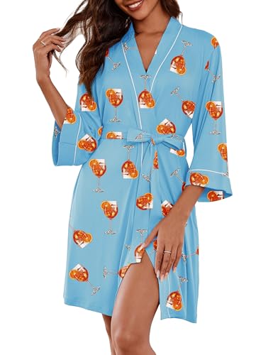 Image of Ekouaer Women Kimono Robes Knee Length Knit Bathrobe Lightweight Soft Sleepwear V-neck Casual Ladies Loungewear
