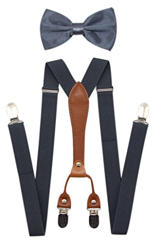 JAIFEI Suspenders & Bowtie Set- Men s Elastic X Band Suspenders + Bowtie For Wedding, Formal Events (Dark Grey)