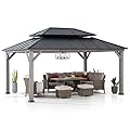 SUNJOY 12 x 16 ft. Wood Gazebo, Outdoor Patio Hardtop Gazebo Cedar Framed Wooden Gazebo with 2-Tier Metal Roof, Suitable for Patios, Lawn and Backyard, Matte Black Roof + Gray Wood Frame
