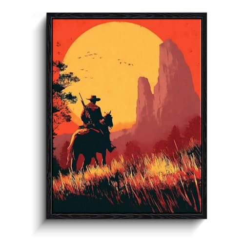 WOXZQ Western Cowboy Canvas Wall Art Cowboy Rider Matte Finish Framed Print Red Sunset Silhouette Poster Rustic Southwestern Wall Decor for gaming room gamer gift Red Dead Redemption Merch 12x16 inch