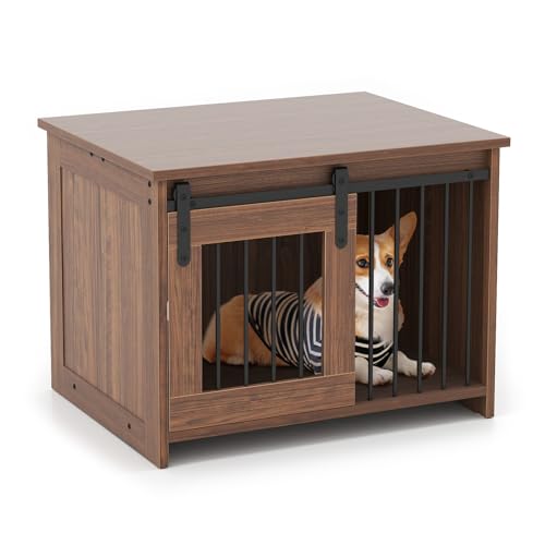 COSTWAY Hundekäfig Möbel, Hundebox für Zuhause, Hundehütte mit Schiebetür, Haustierkäfig aus Metall Holz, Beistelltisch modern, Indoor, für kleine & mittelgroße Hunde, 80 x 60 x 60 cm (Braun)