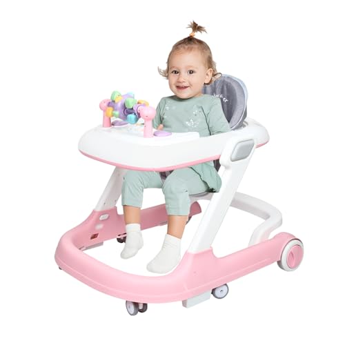Andador 2 en 1 para bebé convertible en empuje con piano musical, altura y velocidad de las ruedas ajustables, equipado con juguetes giratorios (rosa)