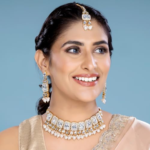 Image of Peora Crystal Faux Pearl Kundan Necklace & Jewellery Set Gift for Women