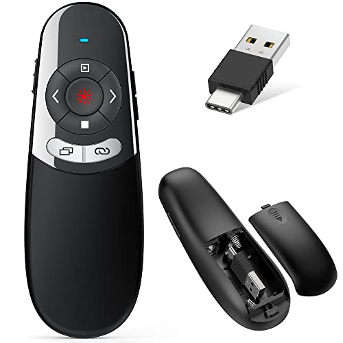 USB C Presenter, Kabellose 2.4 GHz Powerpoint Fernbedienung, Pointer für Präsentationen via Typ C und USB Empfänger, Rot Präsentationsfernbedienung für Windows 7/8/10/Mac/Linux/Android/PowerPoint