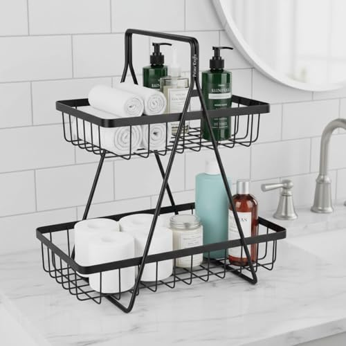 Image of 2 Tier Metal Fruit and Vegetables Basket with Handle | Fruit Vegetables Snacks and Bread Organizer for Kitchen, Dining Table, Livingroom | Bathroom Countertop Stand (Design 2 - Black)