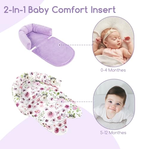 Image of GFU Baby Car Seat Head Support for Newborn, 2 in 1 Infant Car Seat Head Body Support with Strap Pads, Soft Stroller Cushion Pillow Insert for Girls and Boys, Fits for Stroller, Swing, Purple Floral