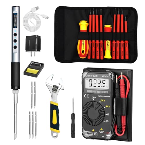 AOPUTTRIVER Soldering Iron Kit, 65W Portable and Rechargeable Soldering Welding Iron Tools Kit, 5 Soldering Tips, Adjustable Temperature 180~450â„ƒ, With Multimeter, 8 Screwdrivers, 1 Wrenches