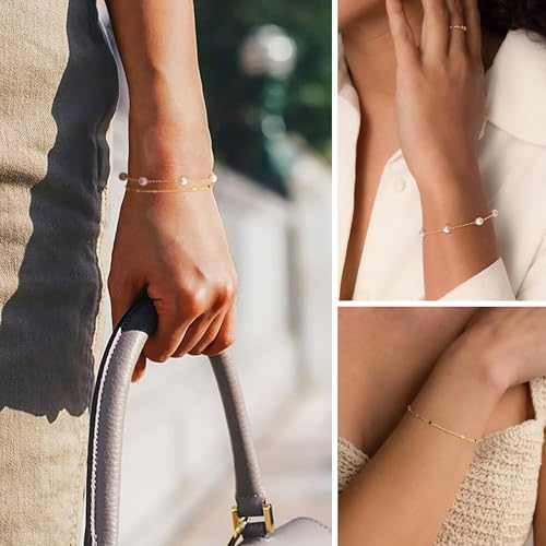 Pearl Bracelets for Women, 14K Real Gold Plated Layered Pearl Bracelets for Women Waterproof, Jewelry Gifts for Her3