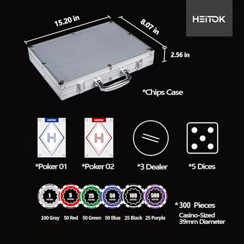 HEITOK Poker Koffer 300 Chips Set – 11,5g Pokerchips mit Wertaufdruck, Alu-Koffer, Karten, Würfel & Button