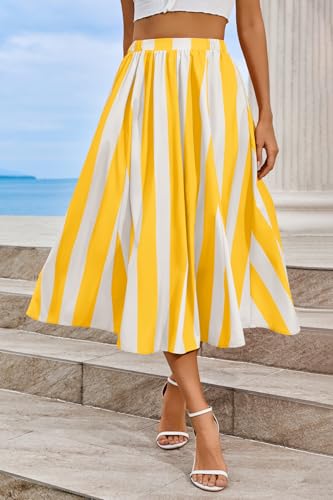 Image of Cicy Bell Womens Summer Striped Maxi Skirts A-Line Beach Vacation Outfits | Elastic Waist, Side Pockets, Flowy, Midi Length, Color Contrast, Trendy Casual