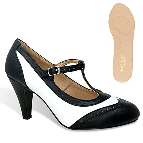 Women's Two Tones Wing Tips Retro Rockability 1950S Vintage T-Strap Pinup Style Pump Flapper Kimmy-51 By Chase + Chloe Black White Size 10 #TOP1