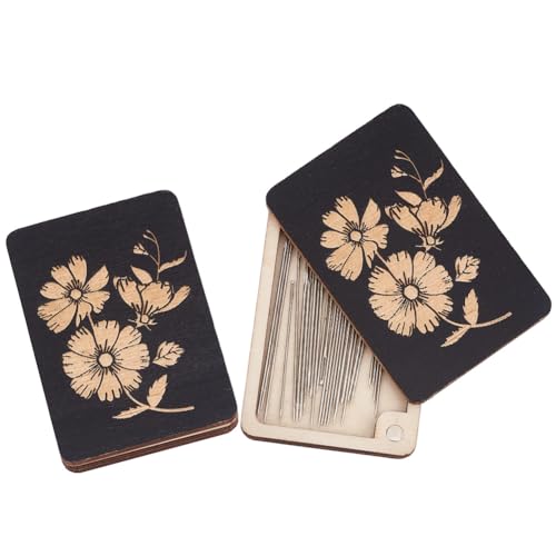 Image of AHANDMAKER 2 pcs Wooden Needle Box Sewing Needle Storage Box Sewing Pins Organizer with Flower Print for Quilters, Sewers, Tailors, Black,3.15x1.97x0.14 Inch