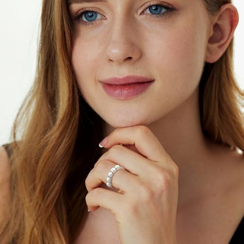 Freshwater Pearl Stackable Rings for Women 925 Sterling Silver 5 Pearls Diameter 4 mm Half Eternity Engagement Promise Wedding Band Rings Jewelry for Size 6-103