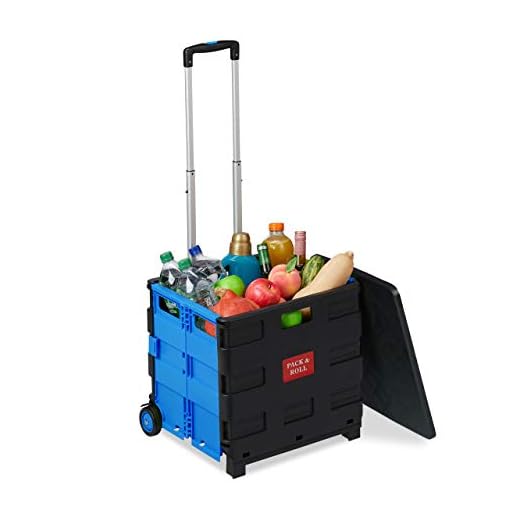 Relaxdays Carro de la Compra Plegable, para hasta 35 kg, Caja de 50 litros, Asa Telescópica, Carrito de Transporte, 2 Ruedas, Azul y Negro, Plástico y Metal, 99 x 45,5 x 37,5 cm